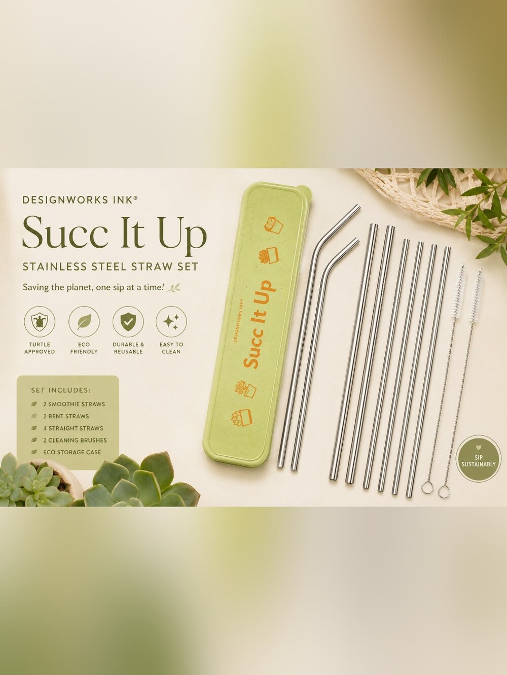 DESIGNWORKS INK “Succ It Up” Stainless Steel Straw Set